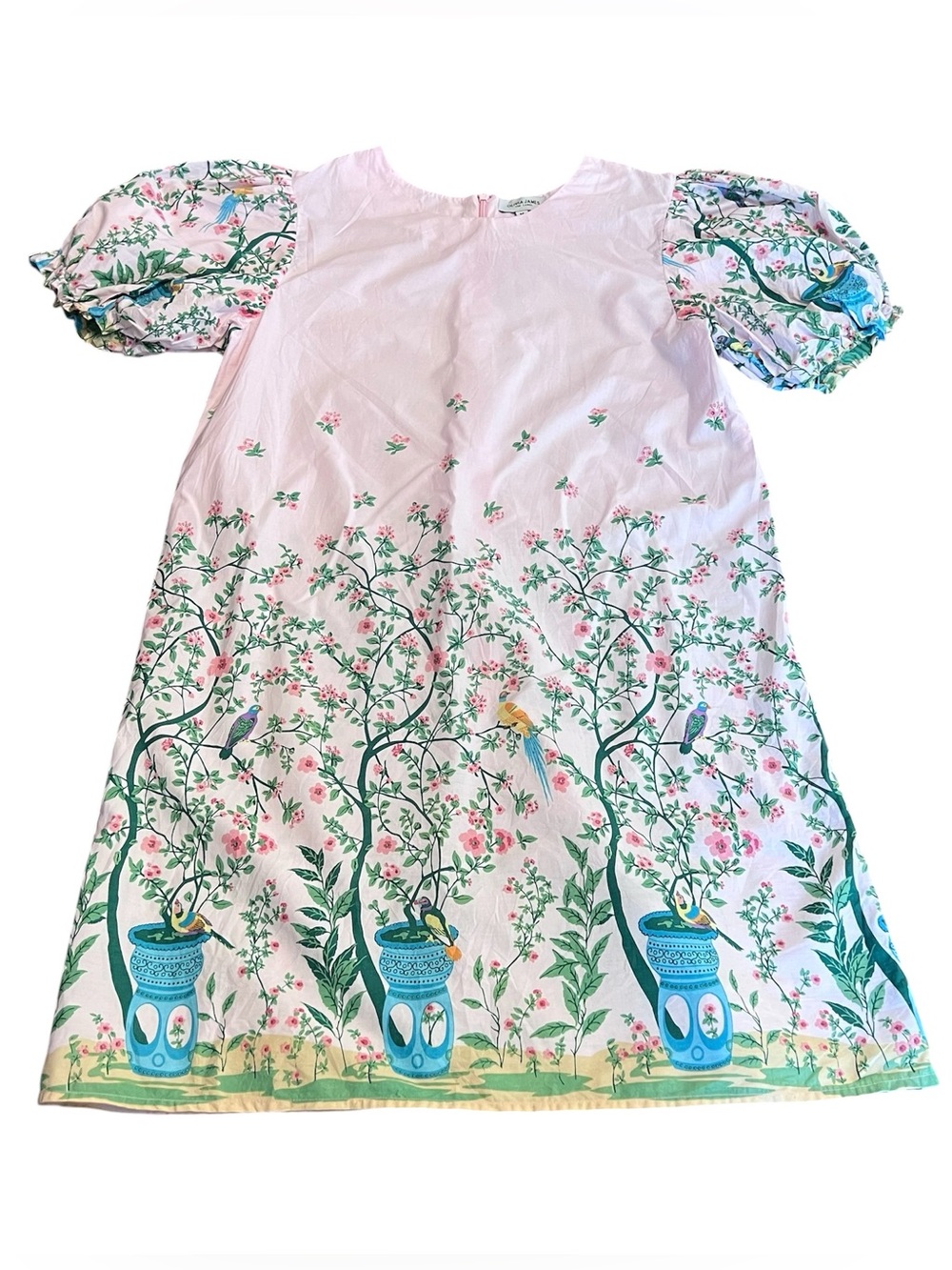 Olivia James The Label Pink Dress with Puff sleeves & Chinoiserie Details Size M